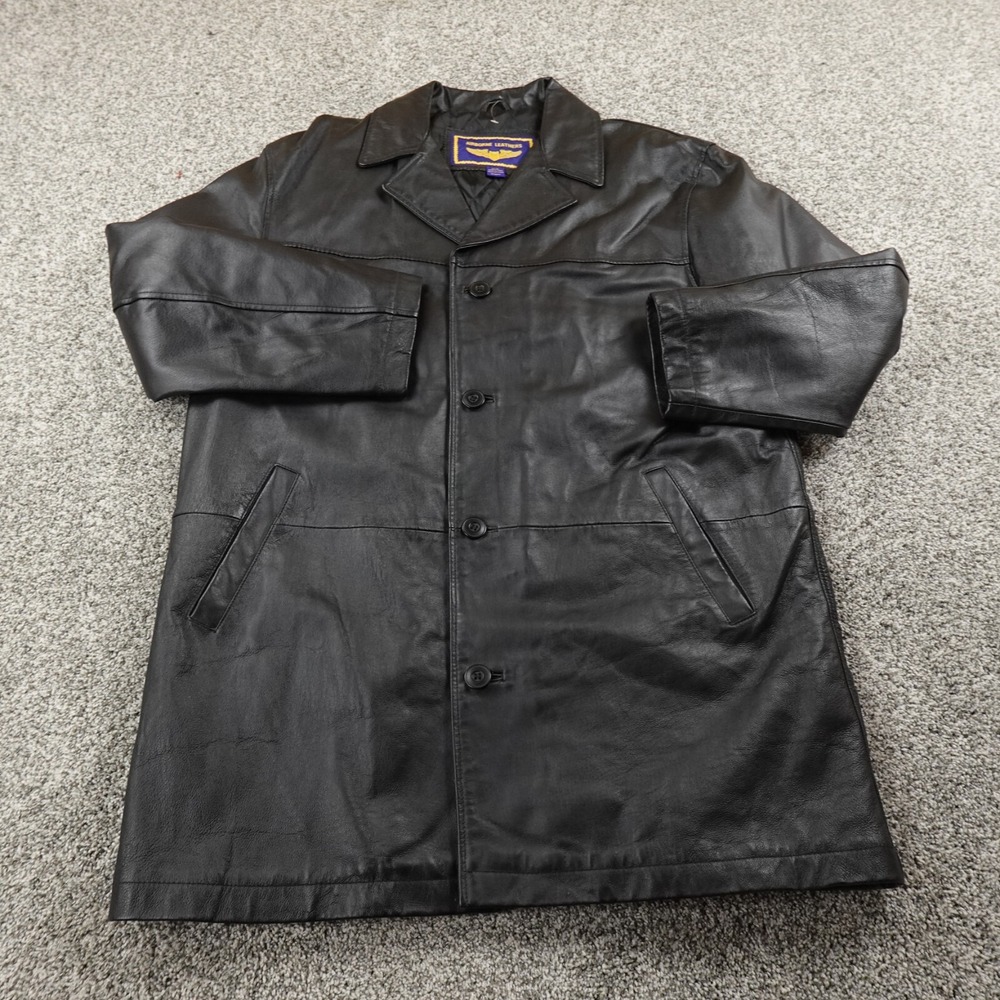 Airborne Leather Jacket Mens LT Black Lined Leather Trench Long‎ Over Coat Parka